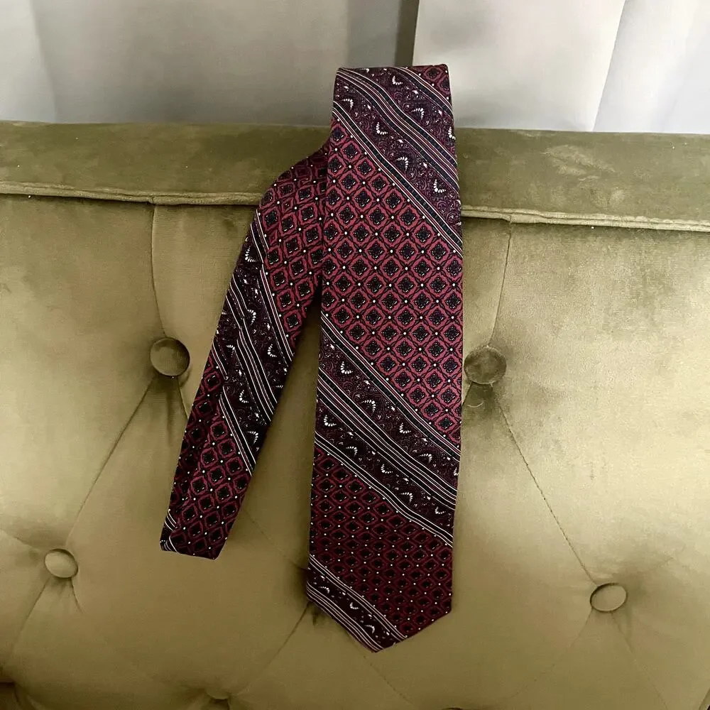 Vintage Christian Dior Burgundy & Navy Silk Geometric Patterned Tie